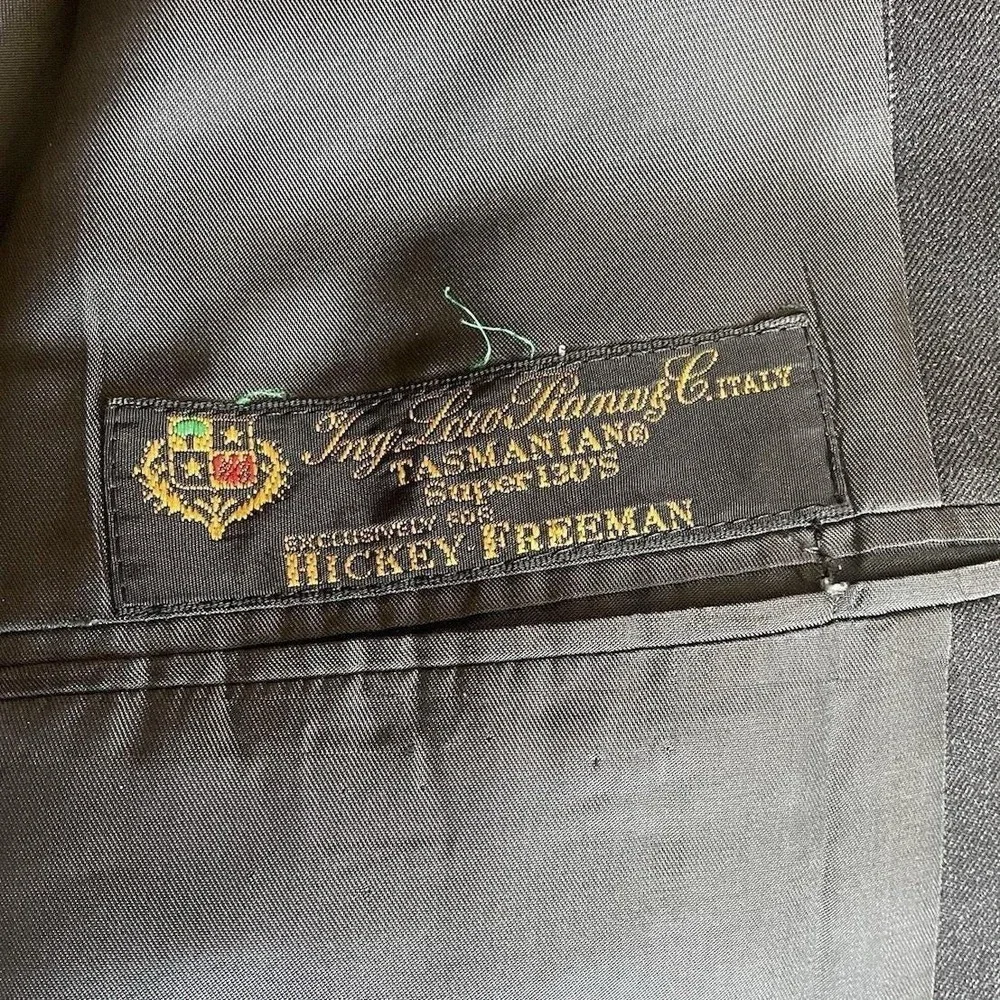 Vtg Hickey Freeman Loro Piana Wool Pinstripe Suit 42L‎ Charcoal Gray Made in USA